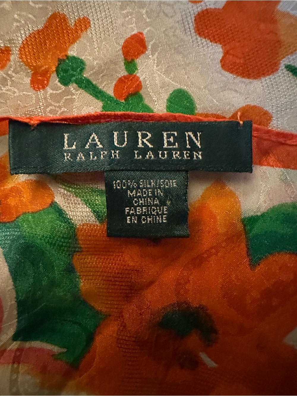 Ralph Lauren Orange, Green & White Floral Silk Scarf - Picture 2 of 2
